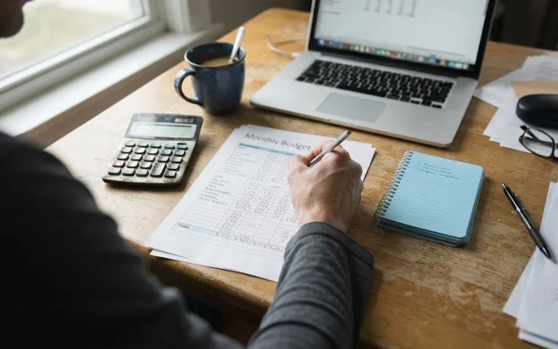 A hand-drawn budget worksheet on a desk listing option fee, monthly rent, rent credit, legal fees and inspection costs with a calculator